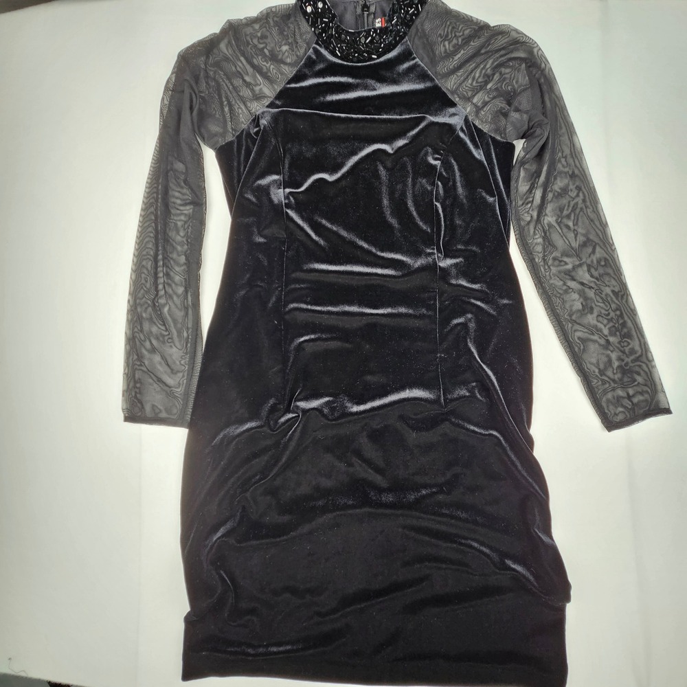 J.R. Nites Petites Black Velvet Beaded Mock Neck Mesh Sleeve Goth Dress 6P